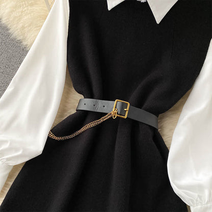 Black Split Knit Vest Lapel Shirt Dress Set With Belt modakawa