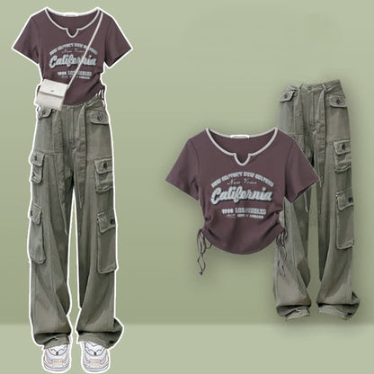 Casual Letter Print Drawstring Crop Top T-Shirt Pocketed Cargo Pants modakawa