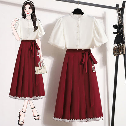 Elegant Pure Color Puff Sleeve T-Shirt Lace Up Pleated Skirt modakawa