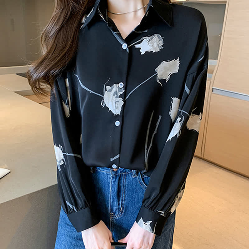 Rose Print Lapel Satin Shirt modakawa