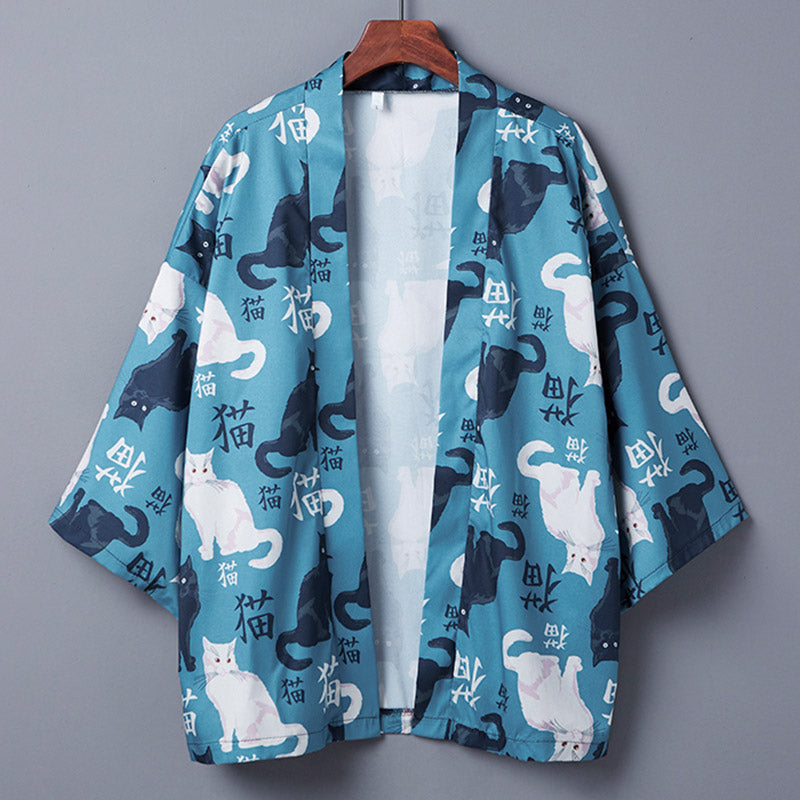 Cute Blue Cat Print Casual Kimono Outerwear Modakawa