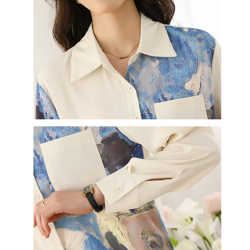 Irregular Printing Chiffon Pocket Lapel Shirt modakawa