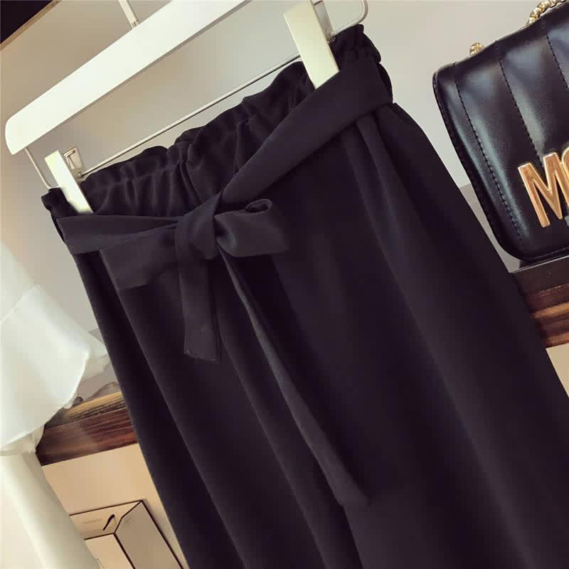 Elegant Bowknot Chiffon T-Shirt Lace Up Wide Leg Pants modakawa