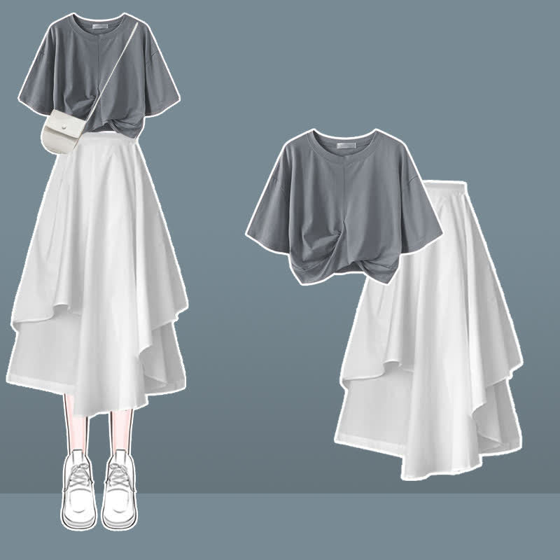 Bow Round Collar Bowknot Crop T-Shirt Irregular Skirt modakawa