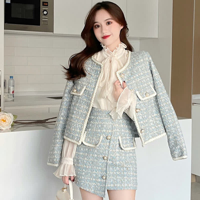 Chic Plaid Print Jacket Shirt High Waist Skirt Set modakawa