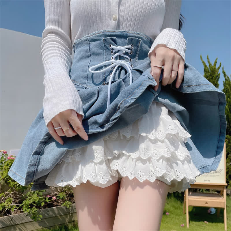 Sweet High Waist Lace Undershorts Lace-up Denim Skirt modakawa