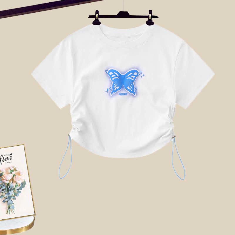 Butterfly Print Draw String T-Shirt Pocketed Cargo Pants modakawa