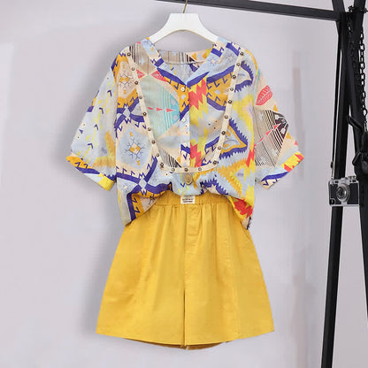 Colorblock Print V-neck T-Shirt Elastic Yellow Shorts Set modakawa