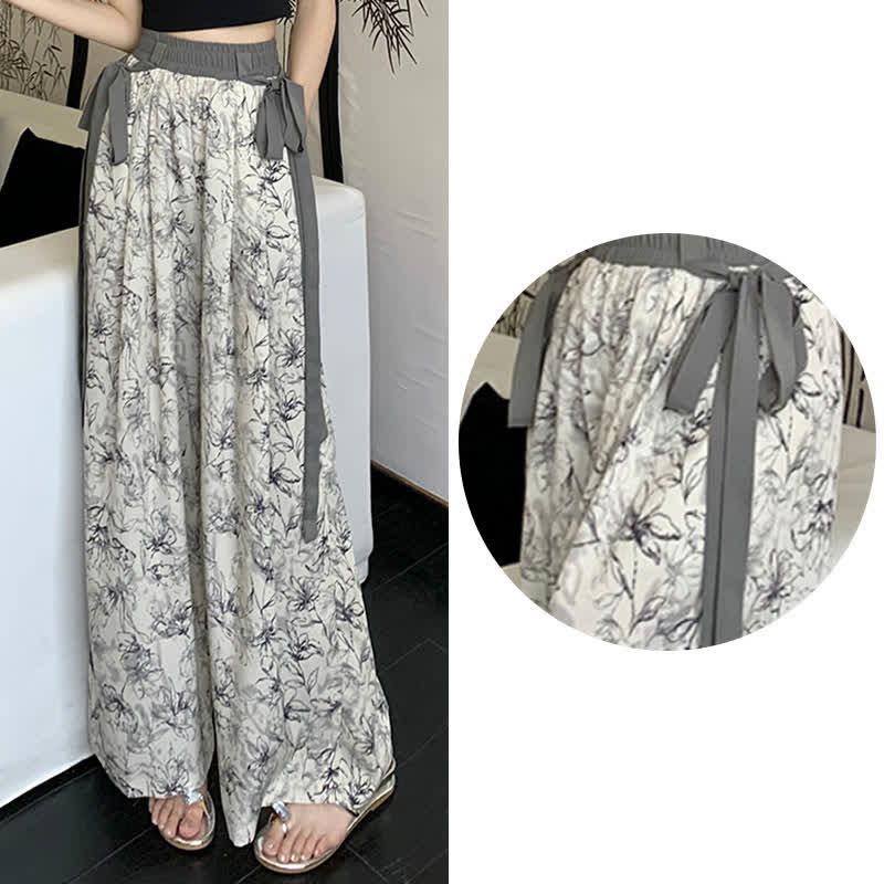 Vintage Flowers Print Chiffon Wide Leg Pants modakawa