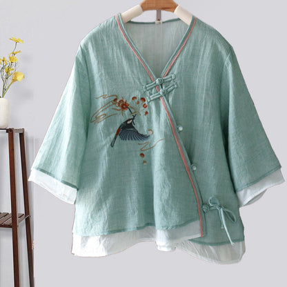 Vintage Bird Embroidery Buckle Shirt Modakawa