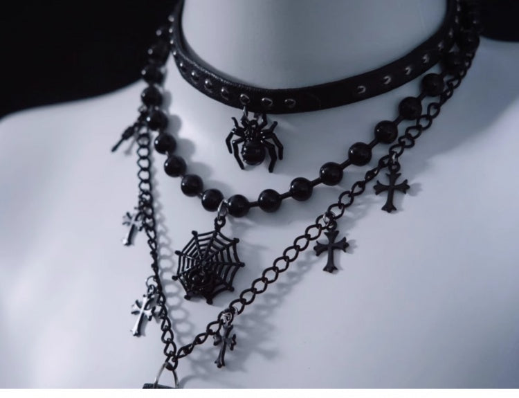 Spider Web Cross Pendant Black Triple Layered Necklace mySite