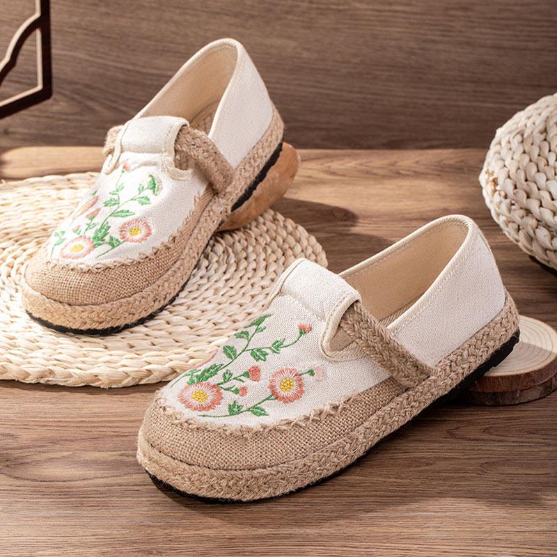 Vintage Embroidery Floral Canvas Flats Shoes Modakawa