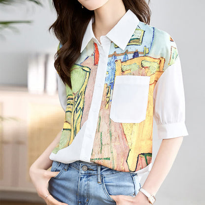 Colorblock Painting Print Pocket Lapel Shirt modakawa