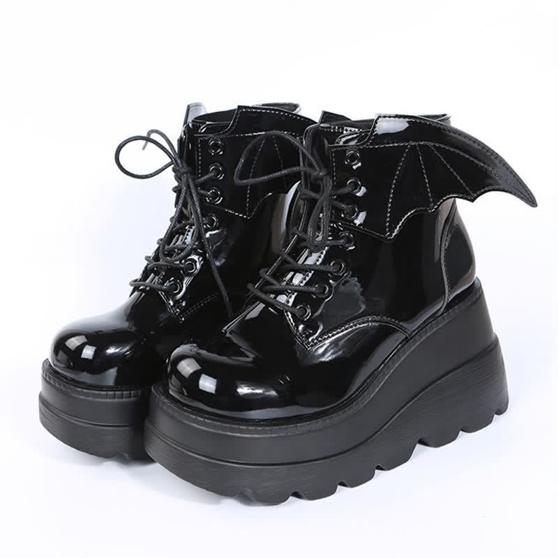 Black Punk Goth Wings Lace Up High Wedge Boots modakawa