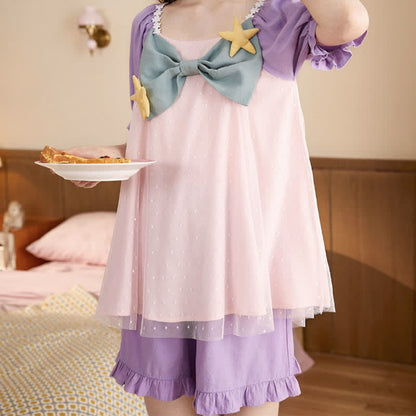 Square Collar Bowknot Mesh Mermaid Nightgown Pajamas Set modakawa