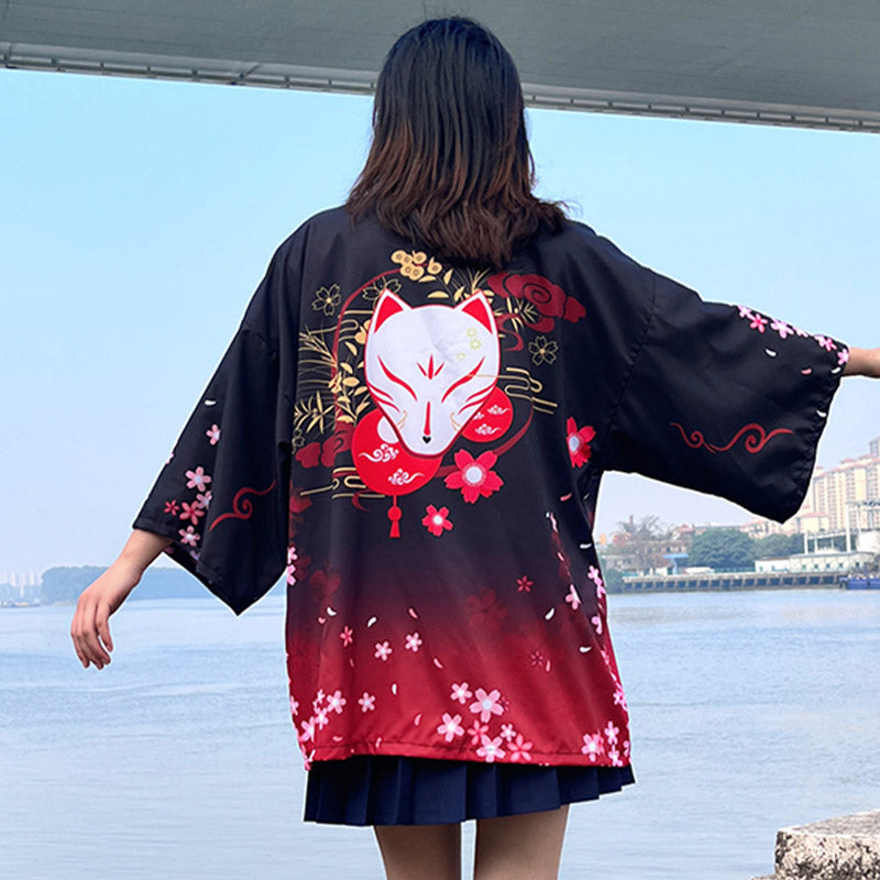 Charming Sakura Fox Print Kimono Outerwear Modakawa