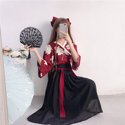 Floral Red Black Hanfu Costume Set Modakawa