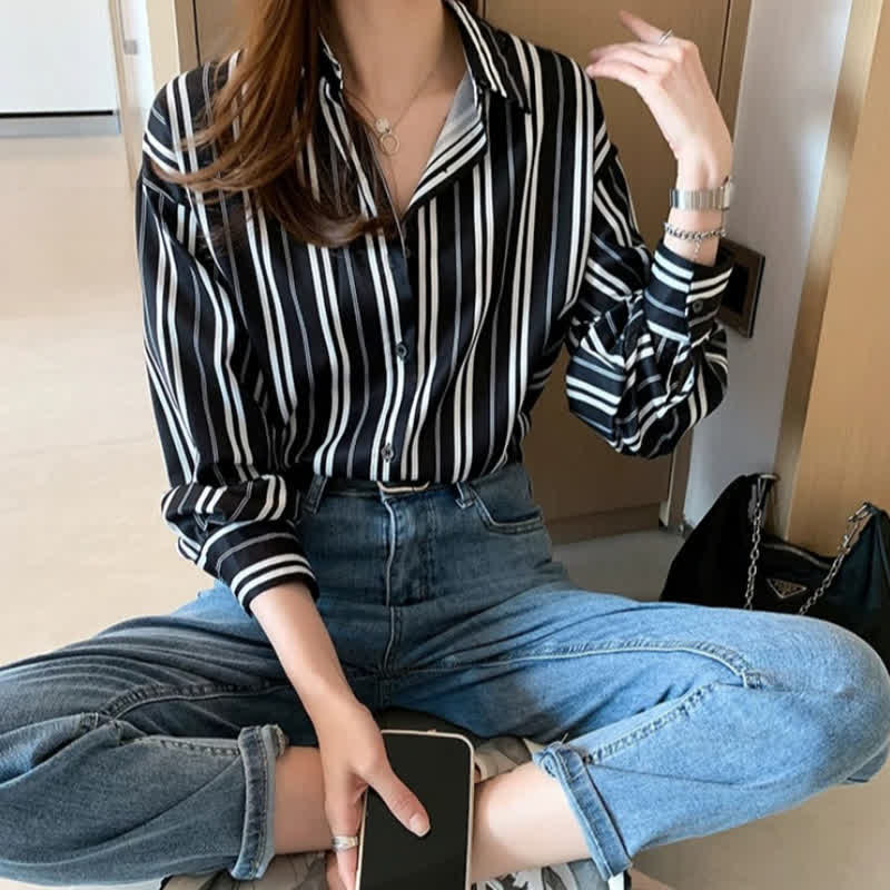 Stripe Print Long Sleeve Chiffon Shirt Workwear modakawa