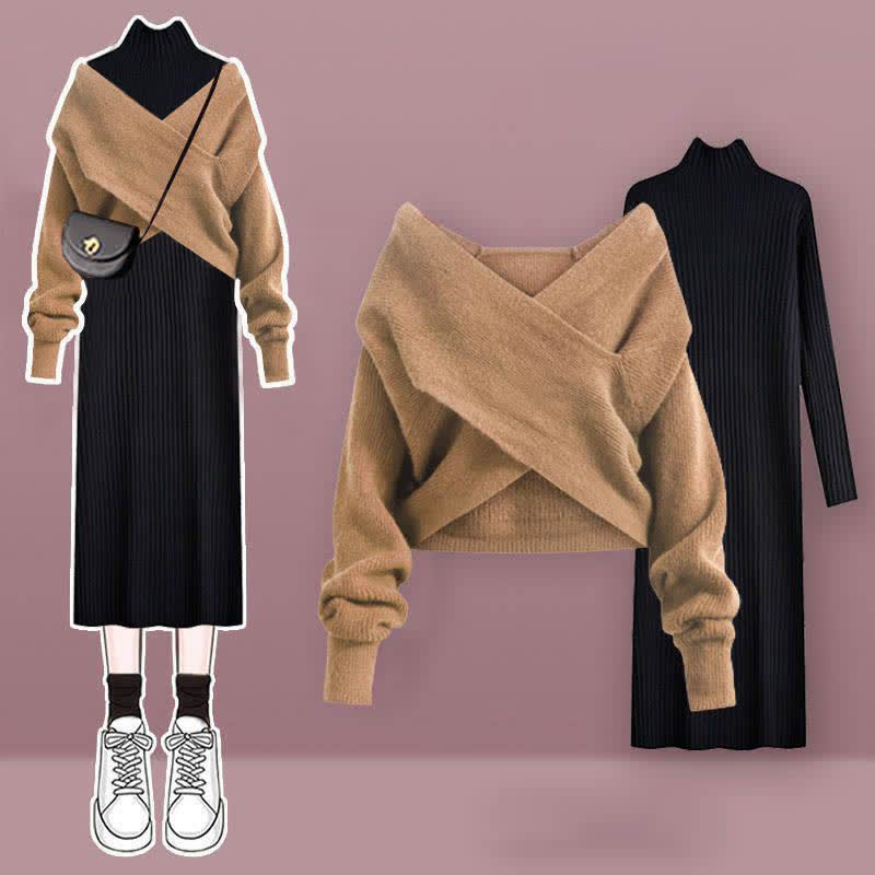 Chic Cross Knit Sweater Dress Set modakawa