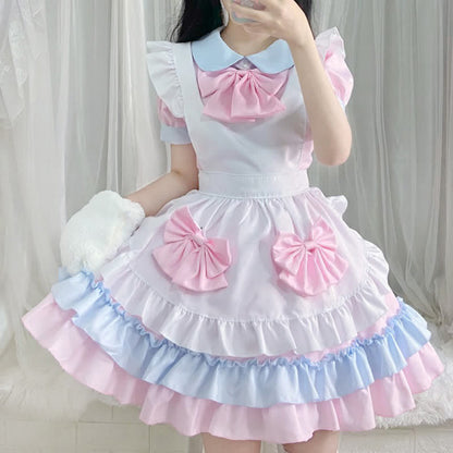 Sweet Pink Bow Knot Ruffled Maid Lolita Dress Modakawa