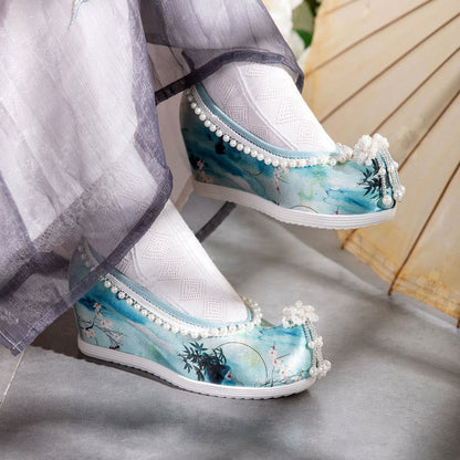 Tie-dye Floral Print Pearl Decor Shoes modakawa