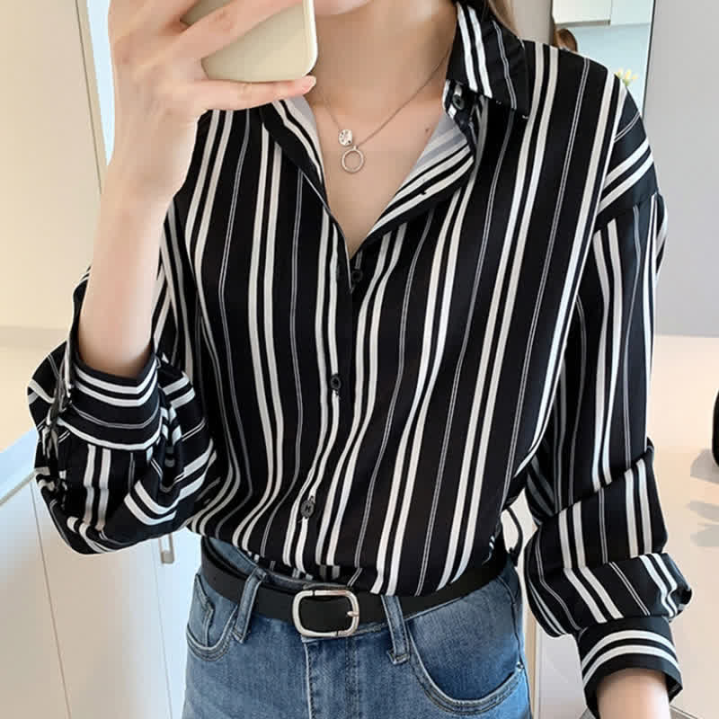 Stripe Print Long Sleeve Chiffon Shirt Workwear modakawa