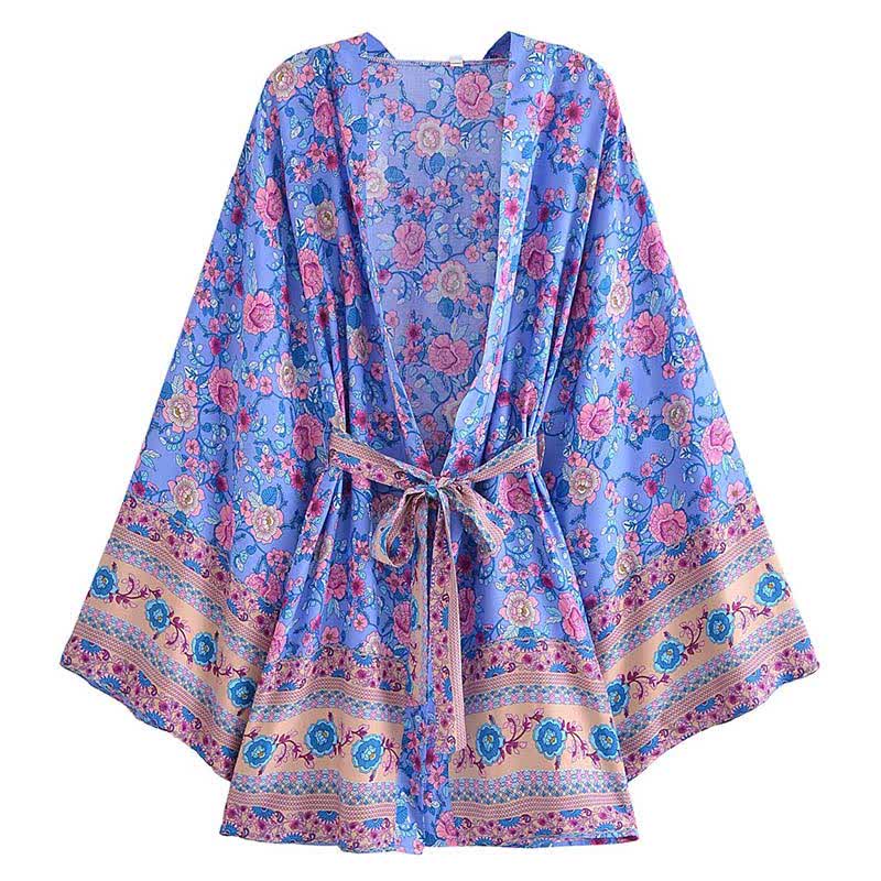 Boho Flower Print Belt Cardigan Outerwear modakawa