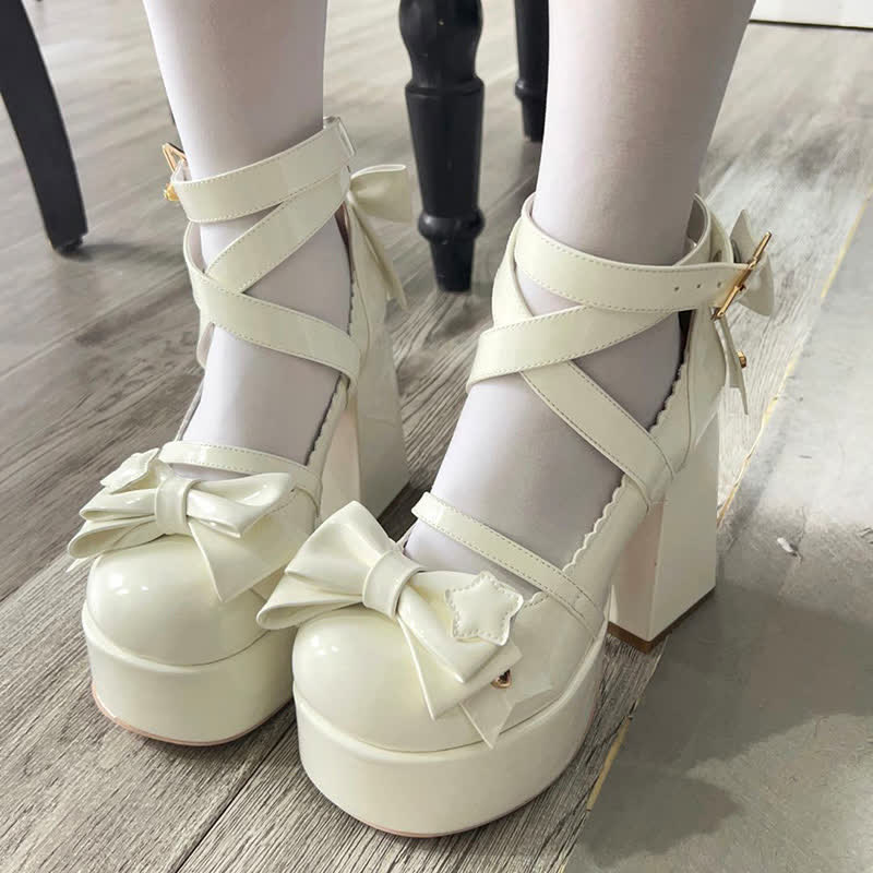 Bow Knot Star Buckle Lolita High-heeled Shoes modakawa