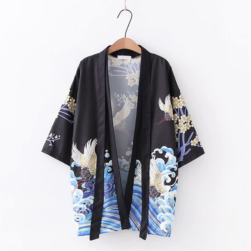 Fashion Crane Blossom Print Cardigan Outerwear modakawa