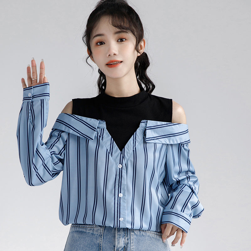 Fake Two Piece Striped Strapless Shirt Modakawa