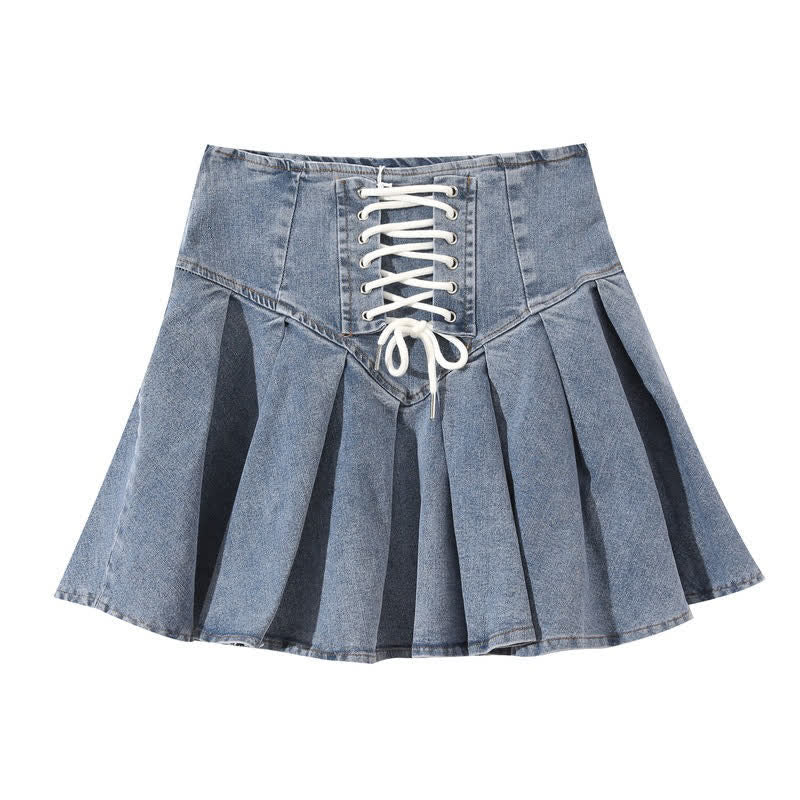 Sweet High Waist Lace Undershorts Lace-up Denim Skirt modakawa