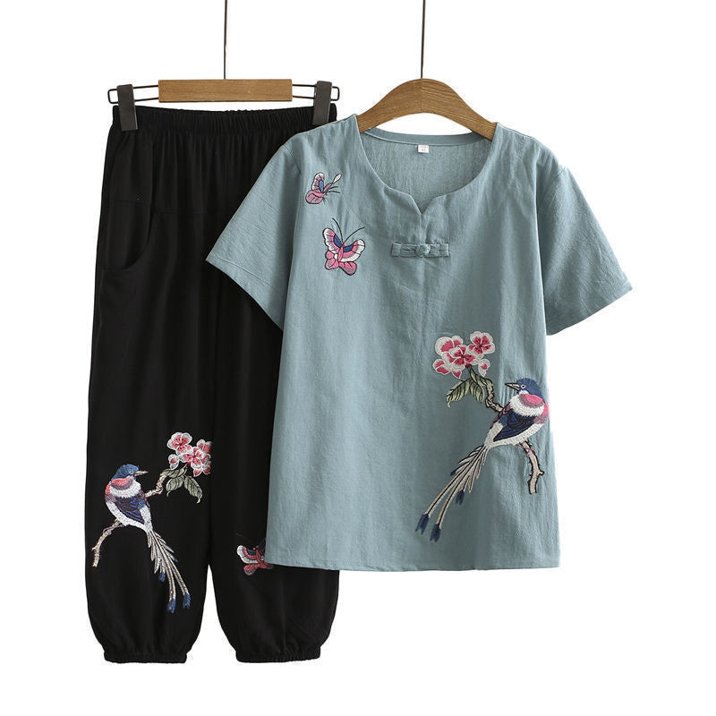 Vintage Bird Embroidery Buckle T-Shirt Pants Set modakawa