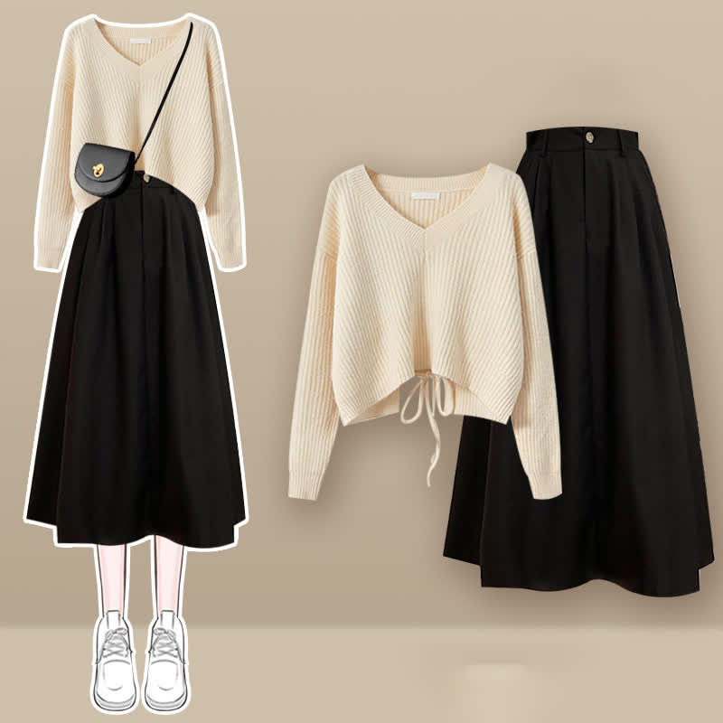 Chic Lace Up Knit Sweater A-line Skirt Set modakawa