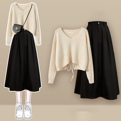 Chic Lace Up Knit Sweater A-line Skirt Set modakawa