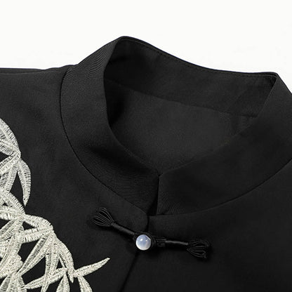 Black Leaves Long Sleeve Shirt Embroideried Pleated Skirt Modakawa