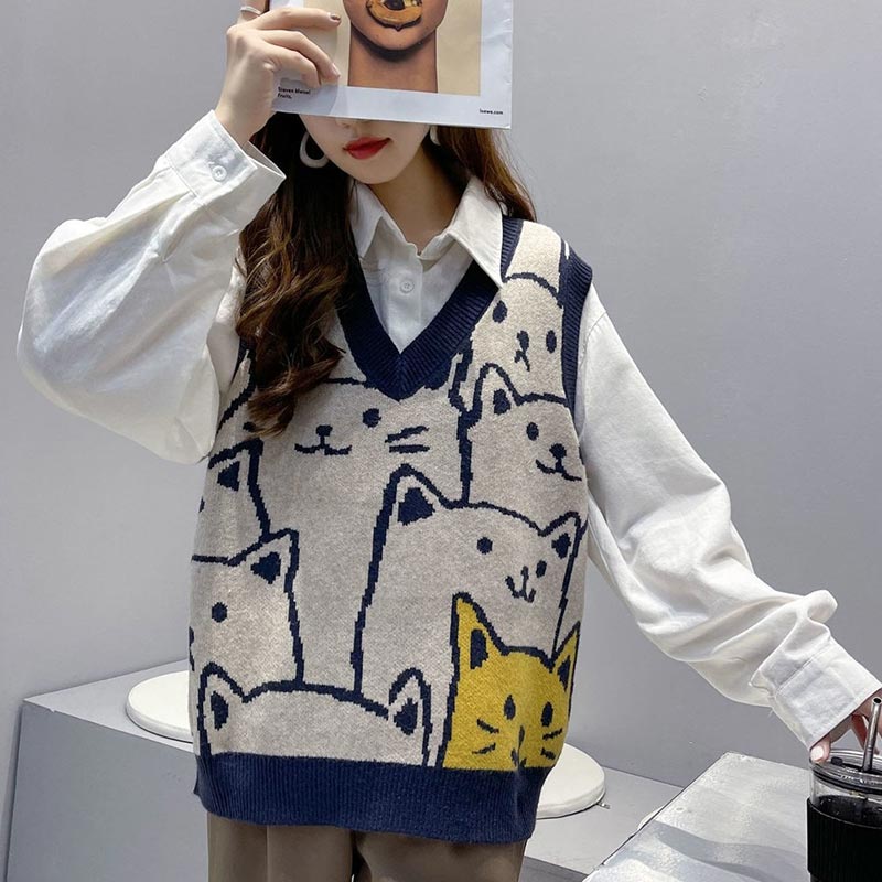 Cute Kitty Print Vest Lace Up Shirt Set Modakawa