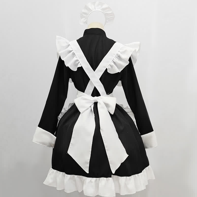 Black Button Long Sleeve Ruffled Lolita Maid Dress Modakawa