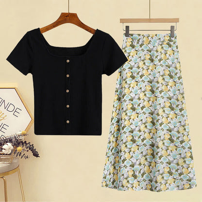 Sqaure Collar Pure Color T-Shirt Floral Print Skirt Set modakawa