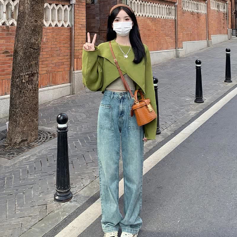 Green Cross Knit Crop Sweater Cami Pocketed Denim Pants modakawa