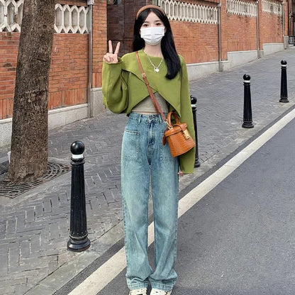 Green Cross Knit Crop Sweater Cami Pocketed Denim Pants modakawa