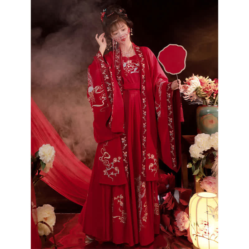 Red Phoenix Embroidery Tank Top Big Sleeve Cardigan Shirt Skirt Hanfu Set Modakawa