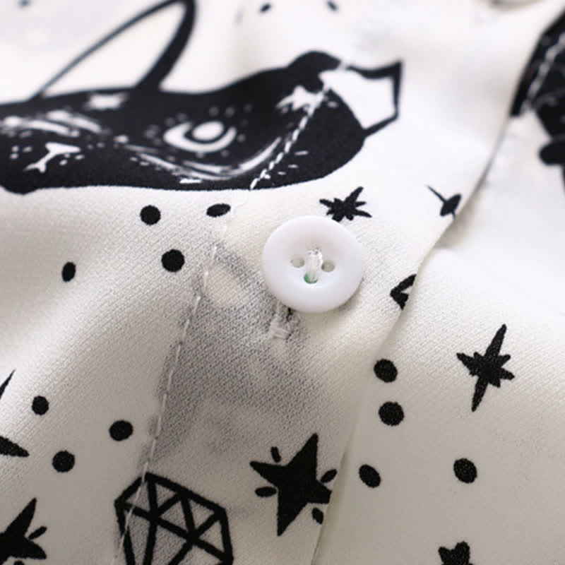 Black White Kitty Print Lapel Chiffon Shirt modakawa