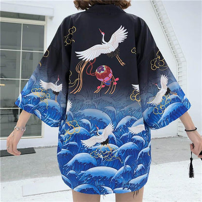 Crane Print Belted Kimono Outerwear Sun Protective Modakawa