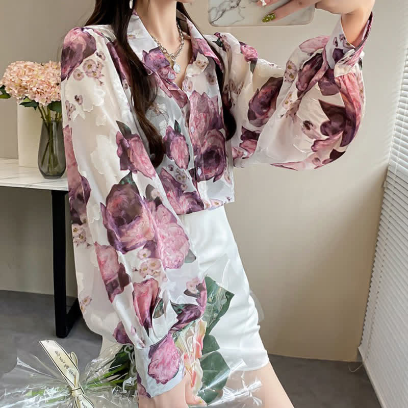 Pink Floral Embroidery Puff Sleeve Chiffon Shirt Workwear modakawa