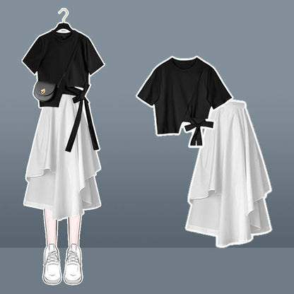 Bow Round Collar Bowknot Crop T-Shirt Irregular Skirt modakawa