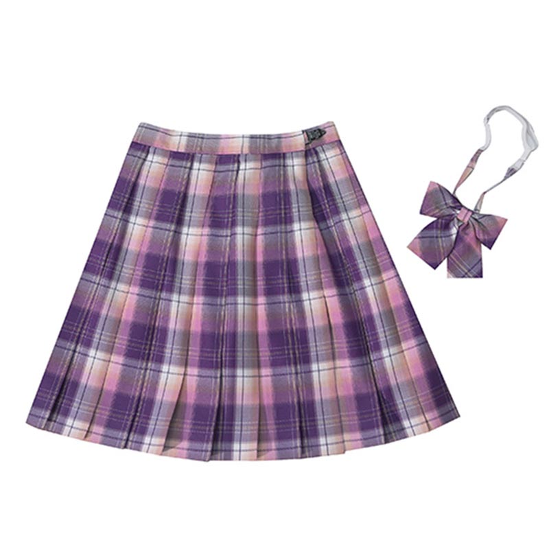 Plaid Print Pleated Skirt Bow Tie Set Modakawa