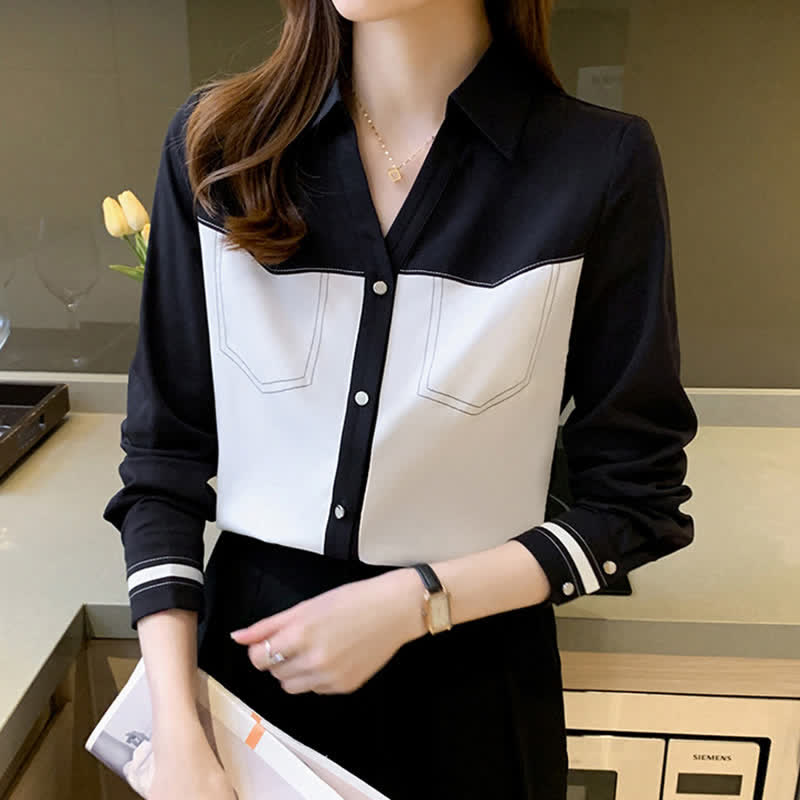 Elegant Colorblock Chiffon Shirt Workwear modakawa