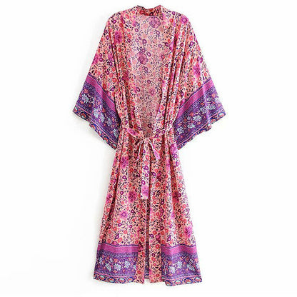 Boho Beach Print Belt Robe Long Cardigan Outerwear modakawa