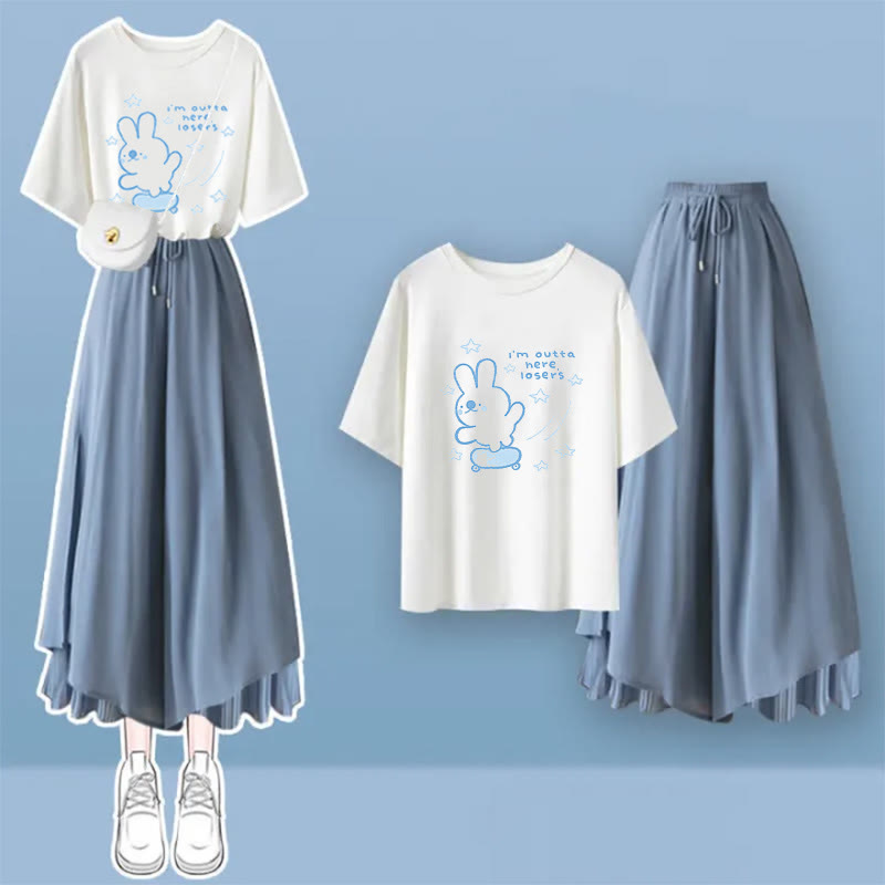 Cartoon Fox Letter Print T-Shirt Blue Pantskirt modakawa