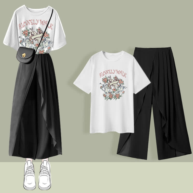 Printed T-Shirt Chiffon Pleated Split Pants Set modakawa